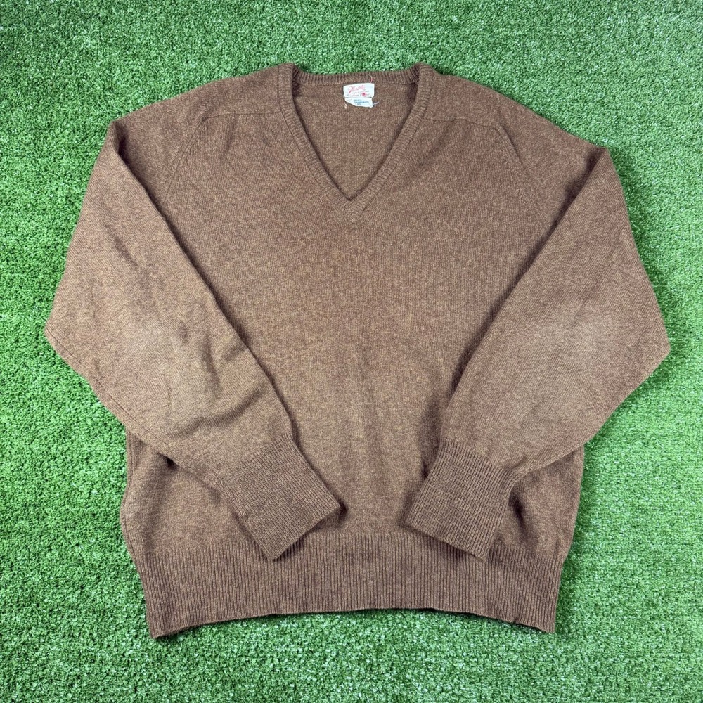 Alan Paine Stewart Brown V-Neck Sweater Mens 44 Pure Lambswool Made in England